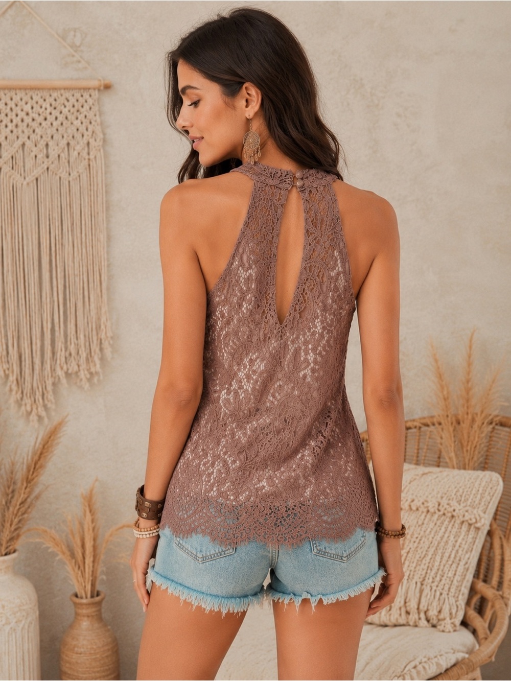 BKE Boutique Deauville Mauve Eyelash Lace Halter Tank Top Boho Romantic Chic - Picture 2 of 5